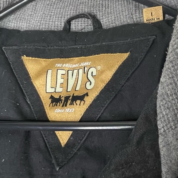 Levi’s Black Heavyweight Lined Men’s Trucker Jacket with Gray Waffle Hood Large - Picture 9 of 11